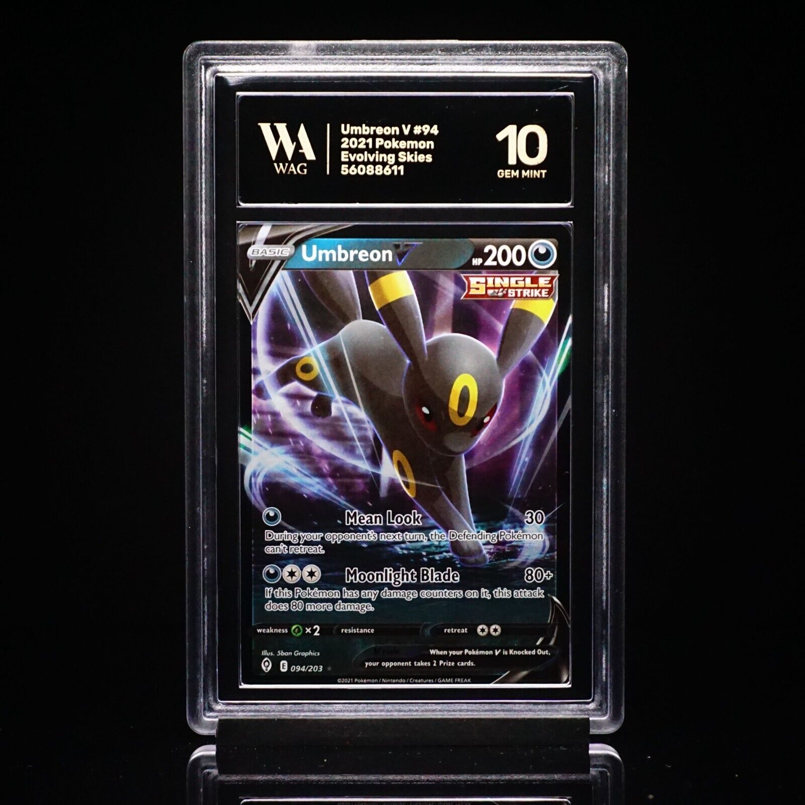 Graded WAG 10 Gem Mint Umbreon V 094/203 Swsh07: Evolving Skies Holo