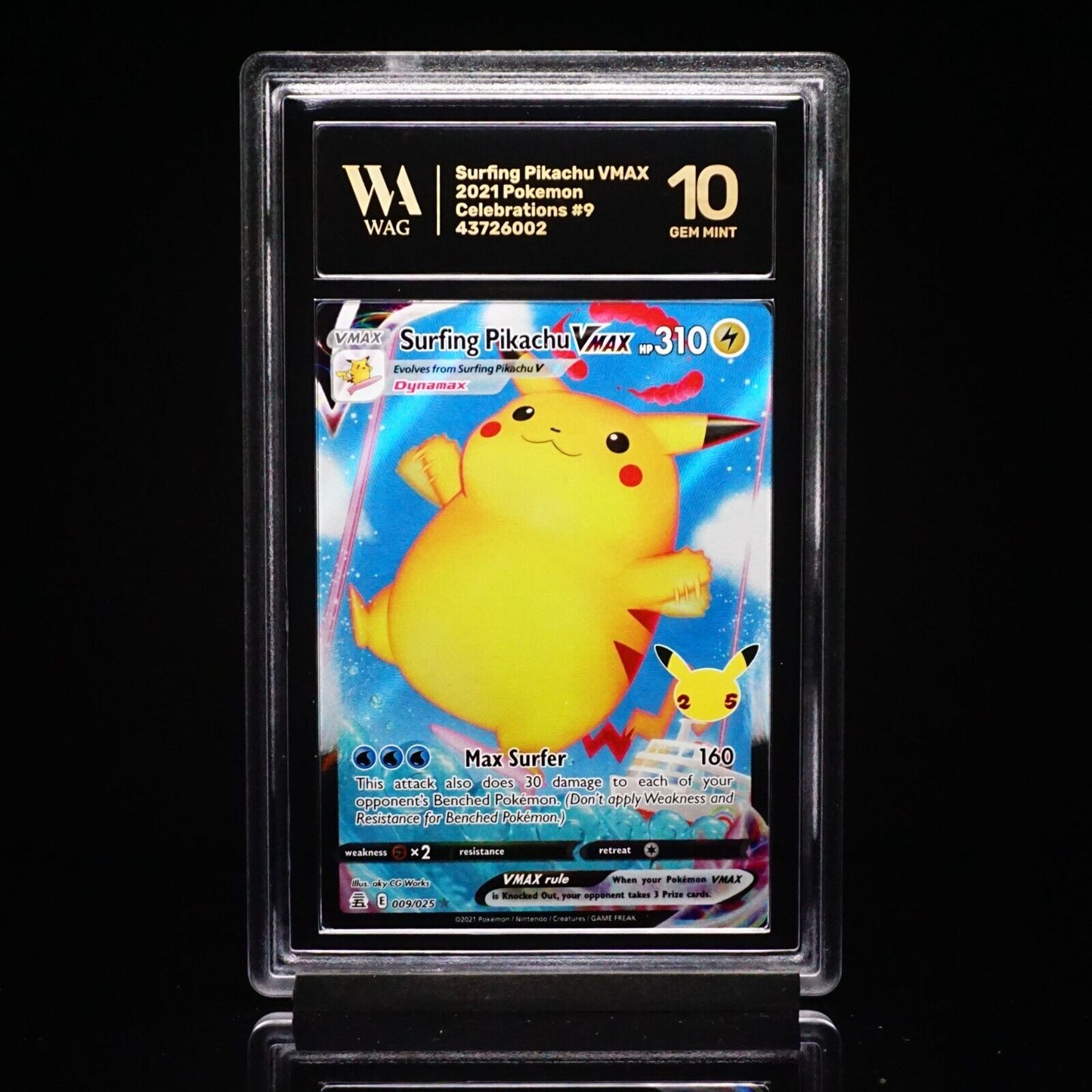 Graded WAG 10 Gem Mint Surfing Pikachu VMAX 009/025 Celebrations Holo